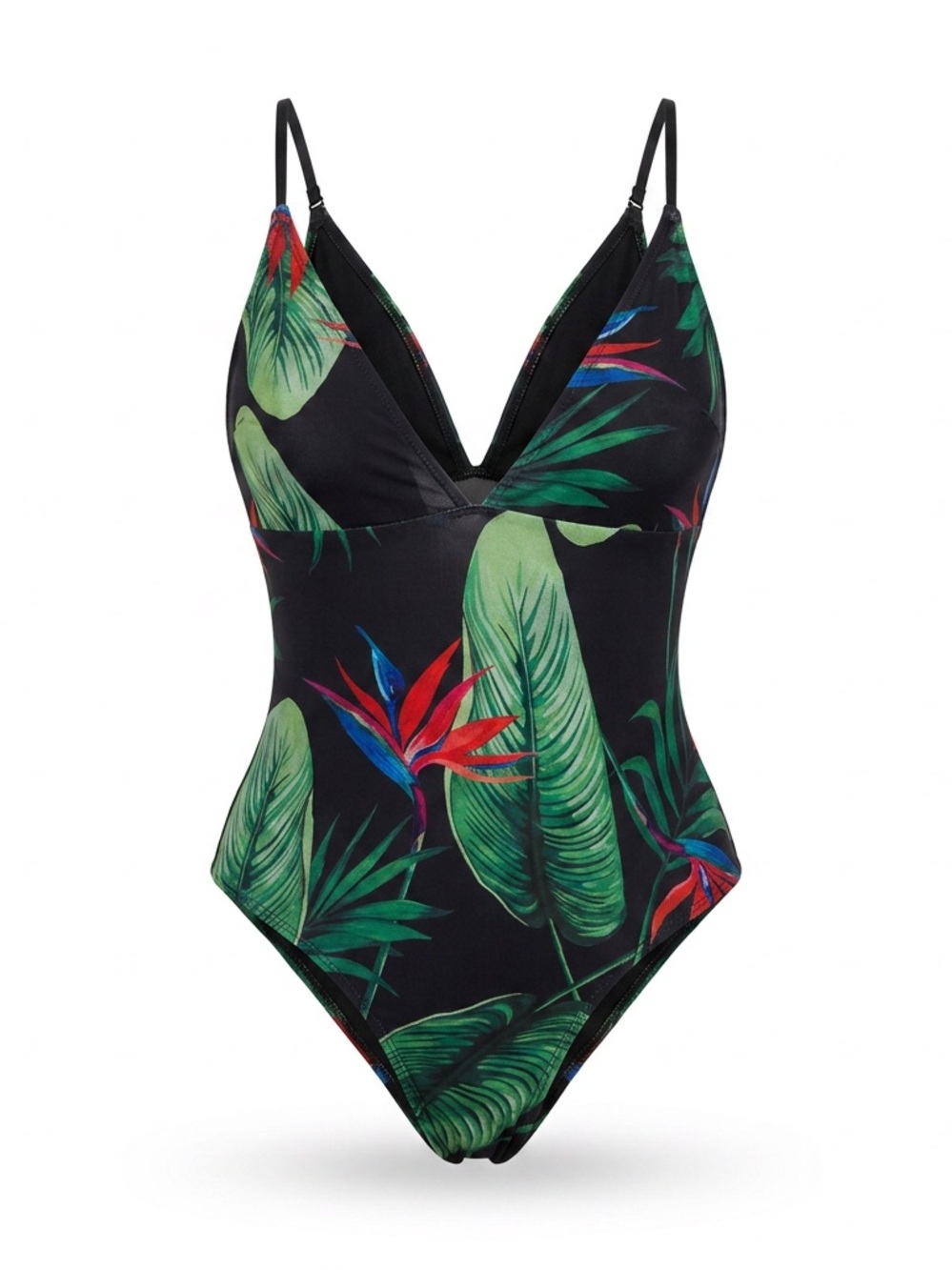 Windsor Black Tropical Leaf V-Neck One-Piece with Red & Green Accents